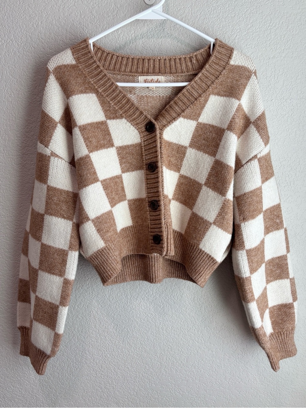 Listicle Checkerboard Knit Cropped Cardigan Sweater Brown Cream Women’s Size XS